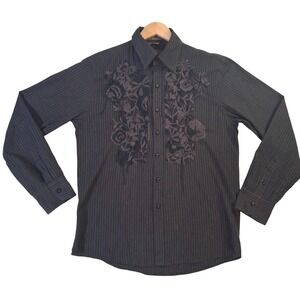 Roar Poplin Douce Shirt Men's large Brown Long Sleeve Floral Embroidered